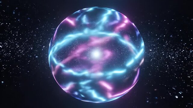Glowing Abstract Energy Sphere - This video shows a large, spherical object glowing with blue and purple light streaks against a dark background.