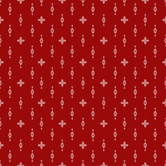 Red and white pixel cross and diamond motif arranged in structured grid layout. Fine vertical ornaments create light rhythm across the surface, suitable for textile, fabric, wallpaper, and print desig