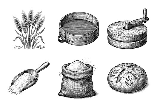 Vintage engraving collection of wheat stalks, hand mill, flour sieve, scoop, sack, and rustic sourdough bread loaf.