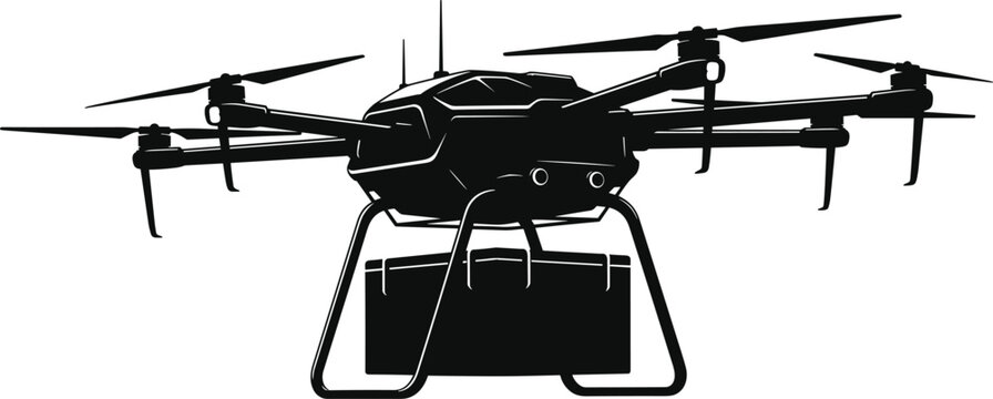 Black silhouette vector illustration of hexacopter drone carrying cargo box for modern delivery and transport technology themes