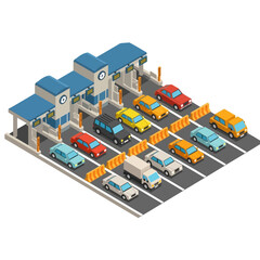Obraz premium Traffic congestion at a toll booth plaza with multiple lanes and cars