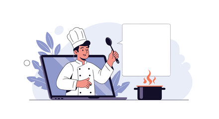 Online cooking class illustration with chef on laptop screen