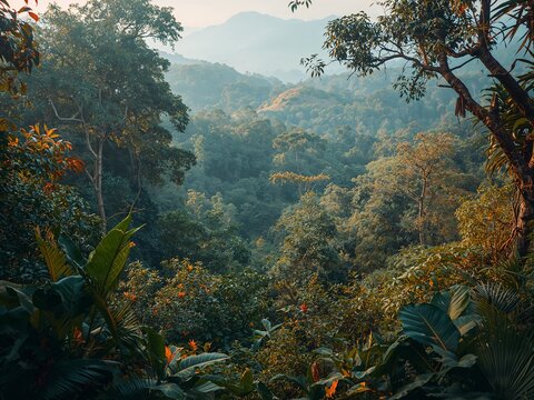 Tropical rainforest with vibrant orange bromeliads and exotic foliage. Lush jungle landscape features a dense canopy stretching across a vast wilderness valley.