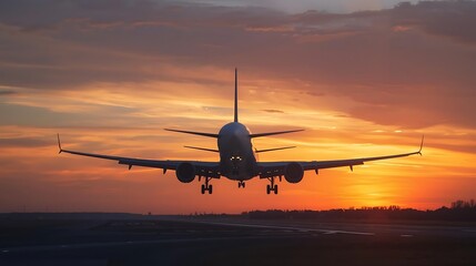 Large passenger jet landing during sunset with orange and purple sky airplane