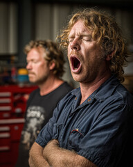 Obraz premium A man yawns widely with eyes closed while another blurred man stands behind him in a workshop setting.