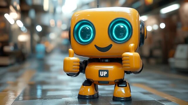 Cheerful robot giving thumbs up in a futuristic alleyway