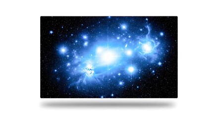 A vibrant and luminous cosmic scene with a cluster of bright blue stars isolated on white background