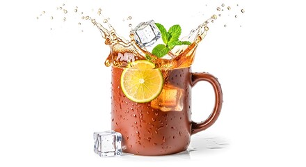 A refreshing iced tea in a mug with lemon and mint, perfect for a hot summer day isolated on white background