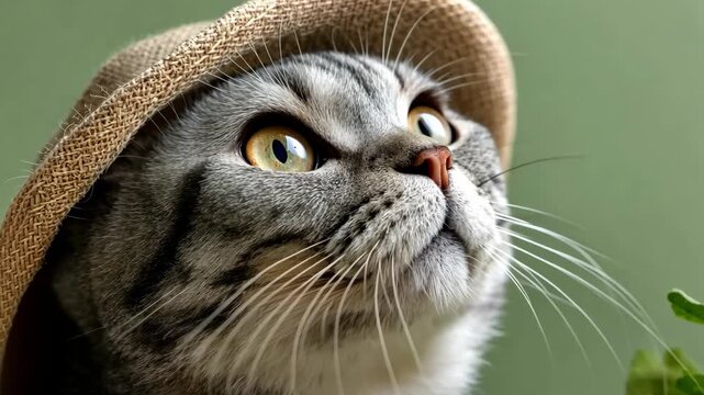 Cat wearing a hat looks at the camera in a simple indoor setting with green background and plants around it