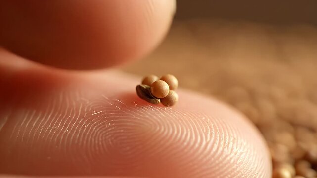 Tiny Mustard Seeds on Fingertip - A macro shot reveals the minuscule size of mustard seeds as they rest delicately on a human fingertip.
