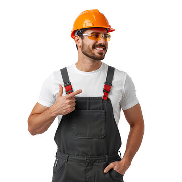 Construction worker pointing to the side, wearing safety helmet and goggles
