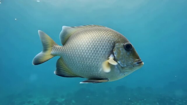 Close up of a grey triggerfish swimming gracefully in turquoise blue ocean waters marine life underwater scenic shot of a solitary fish species in its natural habitat