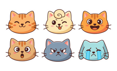Obraz premium Cute Cat Emoji Faces Set with Different Emotions Flat Vector Illustration. Clean Outlines, Soft Pastel Colors, and Minimal Design.