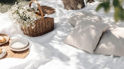 A beautiful bright picnic setup on a white blanket with a wicker basket overflowing with white flowers, alongside fresh bread, simple plates, and soft pillows.