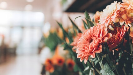 A close-up of beautiful delicate peach and orange chrysanthemum flowers with a soft blurred bokeh background creating a warm inviting atmosphere for nature and romance.