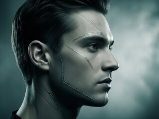 Fototapeta premium Side profile of a focused asian man with silver lines on his face. Future technology concept and human augmentation for science or robotics.