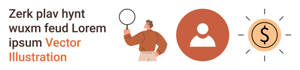 Business strategy, financial growth, user identification, personal analytics, goal setting, investigation. A person using a magnifying glass, a user icon and a dollar sign symbol. Business strategy