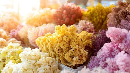 A stunning collection of dried and preserved flowers in a rich tapestry of yellow, pink, purple, and white hues showcasing delicate textures and lasting beauty.