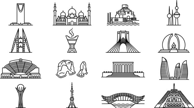 Middle East and Central Asia Capital Landmarks Line Art Icons