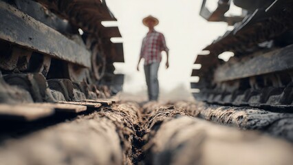 A low angle view highlights deep muddy tracks of heavy machinery leading towards a silhouetted farmer in a hat preparing for agricultural work and seasonal planting.