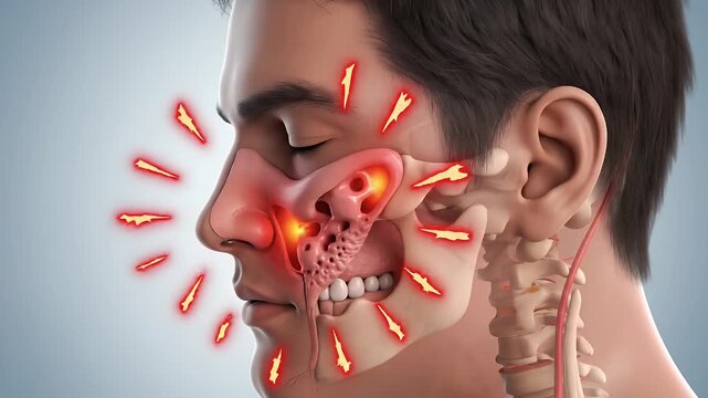 Sinus Pain Anatomy Illustration - An anatomical illustration shows a cross-section of a human face, highlighting the sinus cavities. Red flashes indicate the pain associated with a sinus infection.