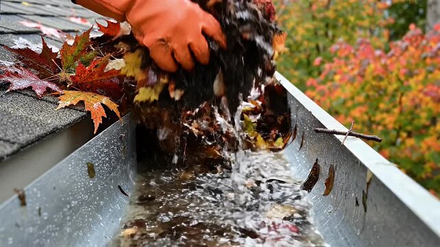 Cleaning Gutters in the Fall - A close-up shot of someone wearing orange gloves removing debris and leaves from a clogged rain gutter.