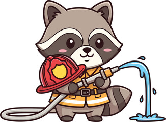Cartoon vector illustration of cute raccoon firefighter character spraying water with fire hose and holding helmet