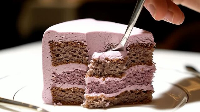 Close up of cake being cut with fork in indoor setting or Close up of layered cake being sliced indoors