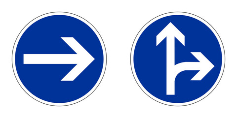 Two blue circular traffic direction signs with arrows isolated on transparent background © MstLima