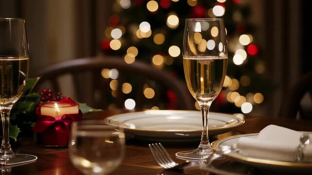 Elegant christmas dinner table setting with champagne glasses,plates and candlelight against defocused christmas tree lights sparkle ambiance