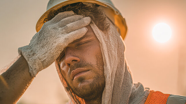 A construction worker in a helmet and gloves wipes sweat from his forehead under the bright sun, showing exhaustion and heat stress.