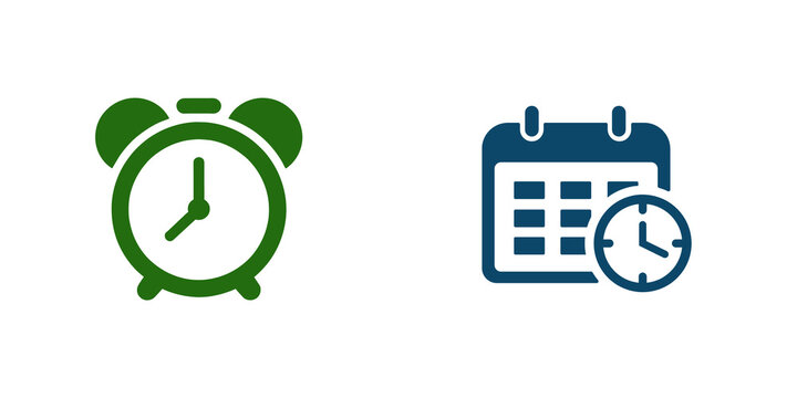 Green alarm clock and blue calendar icon set isolated on transparent background