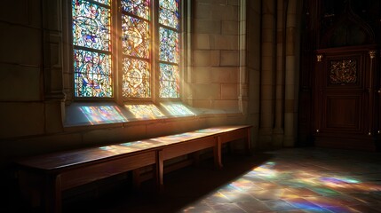 Sunlight streaming through a vibrant stained glass window onto a wooden bench in a quiet church interior.