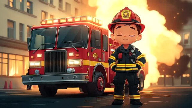 Cartoon firefighter stands confidently in front of a fire truck amidst smoke