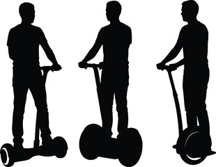 Silhouette illustration of modern personal electric transport devices including hoverboard, Segway, and unicycle scooter, showcasing urban mobility technology and lifestyle trends © Rina