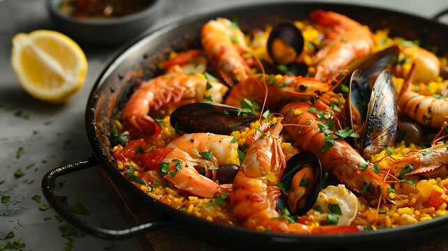 Vibrant seafood paella fills a dark, round pan with large pink shrimp and black mussels atop yellow rice.