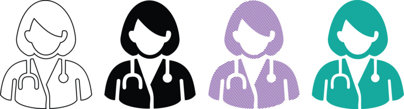 Four different colored female doctor icons with stethoscope around neck on white background