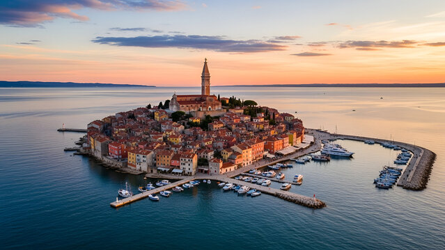Aerial View Of Island Town With Bell Tower At Sunset