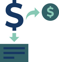 Obraz premium Dark blue dollar sign transfers to teal dollar sign coin and down to rectangle money transfer