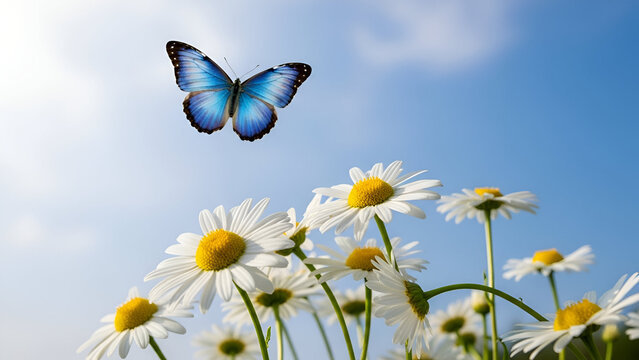 Blue butterfly flying over white daisies under blue sky 1