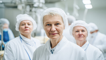 Obraz premium A group of senior female scientists or lab technicians in white coats and hairnets pose confidently in a modern laboratory setting.