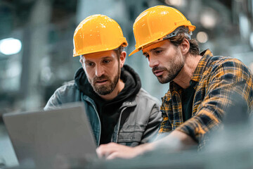 Two male workers wearing yellow helmets collaborate intensely while examining information on a laptop in an industrial setting.