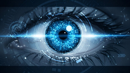 Closeup of a futuristic blue eye with digital circuit patterns