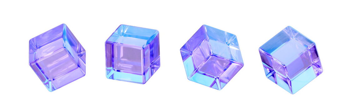 Set of 3D glass cubes with holographic iridescent gradient, futuristic Y2K aesthetic transparent crystal blocks, glossy purple and blue geometric square shapes 