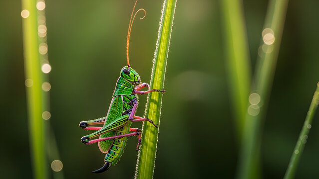 Green grasshopper on a dew-covered blade of grass pink