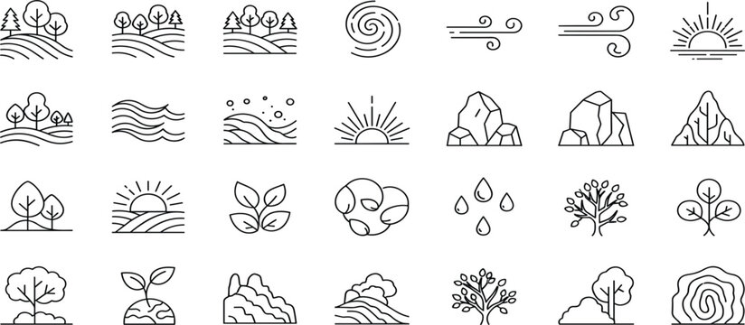 Set of minimalist nature ecology line icons featuring trees, mountains, leaves, sun, clouds, forest landscapes, and earth symbols for environmental sustainability design.