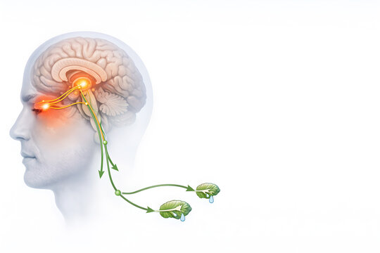 Photorealistic 3D medical: Cluster headache (TAC): head silhouette with semi-transparent brain highlighting hypothalamus, trigeminal pathway to orbital/temporal region, parasympathetic outflow