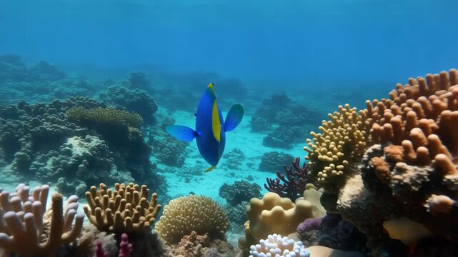 Powder blue tang swimming amidst vibrant coral reefs in clear blue ocean waters underwater wildlife ecosystem