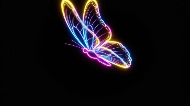 Vibrant neon butterfly with glowing blue and pink lines, flying elegantly on an isolated black background.