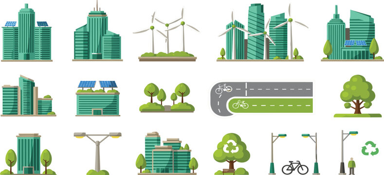 Sustainable green city icon set with eco friendly skyscrapers wind turbines solar panels recycling symbols and urban park elements